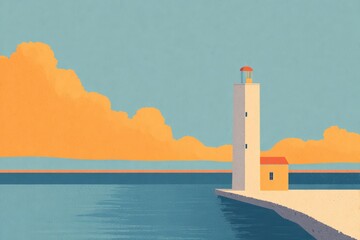 Lighthouse on a grassy cliff with wildflowers