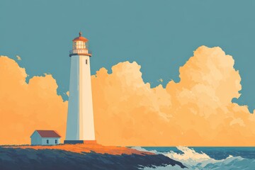 A lighthouse with a whale breaching in the background