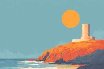 Lighthouse on a cliff with a sea arch nearby