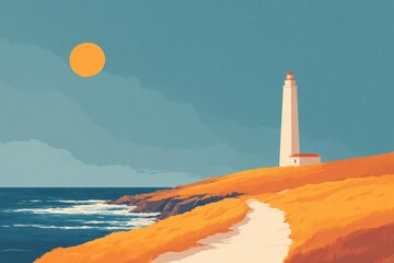 A lighthouse in a landscape with a low horizon line