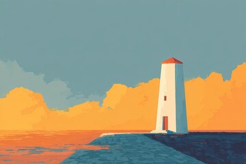 A lighthouse seen from the water with waves in the foreground