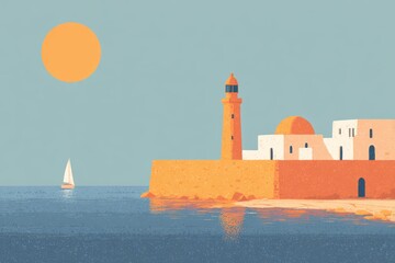 A tall slender lighthouse against a pastel sky