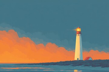 A lighthouse reflected in the calm morning sea