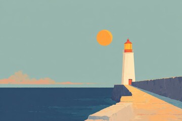 A lighthouse painted in a flat illustrative style