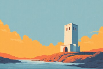 Lighthouse with a powerful light illuminating a rough sea