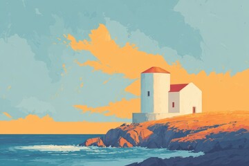 Lighthouse on a cliff with a full moon and starry sky