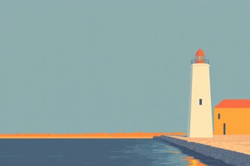 Lighthouse with its light beam illuminating the fog