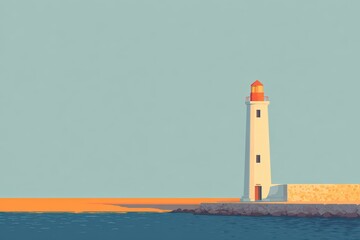 Minimalist lighthouse in a night scene with a meteor shower