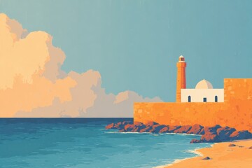 Lighthouse on a cliff with a flock of birds flying by