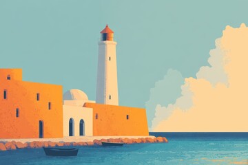 Lighthouse on a calm bay with mountains in the distance