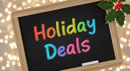Chalkboard with colorful holiday deals lettering and holly sprig, representing festive season shopping and special promotions against a bokeh background