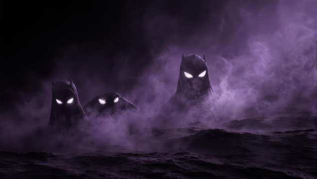 Sinister monsters with glowing eyes rising from a dark purple mist.