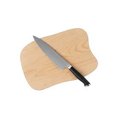 A gleaming steel chef knife with a black handle rests on a light brown wooden cutting board featuring a textured surface and dark speckles on a transparent background