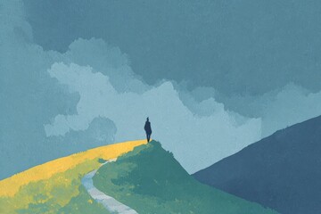 A person working on a laptop in a scenic cafe