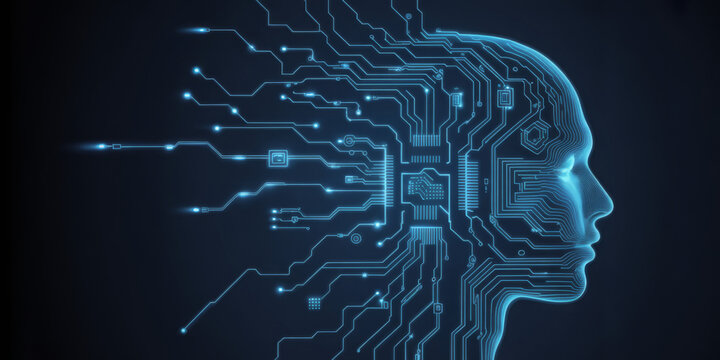 Artificial intelligence concept with human head and circuit board digital brain illustration for technology and science on dark background - Powered by Adobe