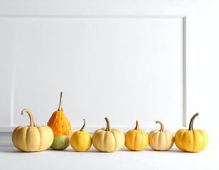 Autumnal Still Life - Miniature Pumpkins and Gourds Against White Backdrop.