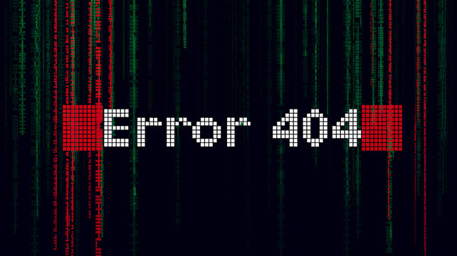 Pixelated Error 404 message on dark background with digital rain effect for tech or gaming content, representing system failure or connection issues