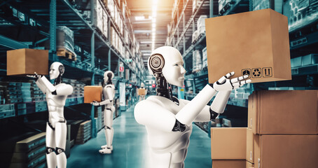 Innovative industry robot working in warehouse for human labor replacement . Concept of artificial...