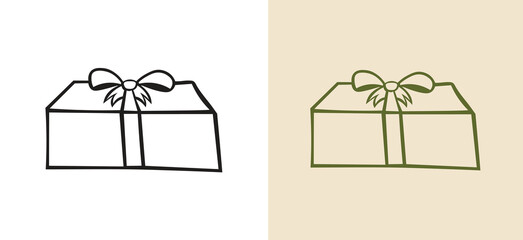 hand-drawn outline of a wide, plain rectangular gift box tied with a simple bow. This versatile doodle vector is great for corporate gifting, general business concepts, e-commerce packaging.