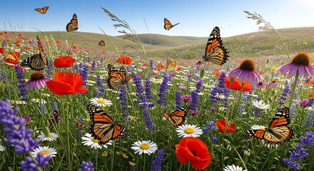 Vibrant meadow teeming with butterflies and colorful wildflowers under a sunny sky.