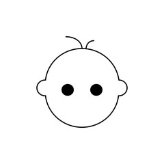 Simple line drawing of a baby face with round head, two eyes, small ears, and a few strands of hair on top