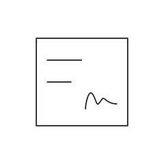 Illustration of a document with two lines of text and a signature inside a square black border design element