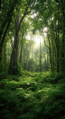 Obraz premium A vast, untouched wilderness rainforest, teeming with lush green vegetation, ancient trees, and filtered sunlight through a dense canopy ,wilderness ,rich ,atmospheric