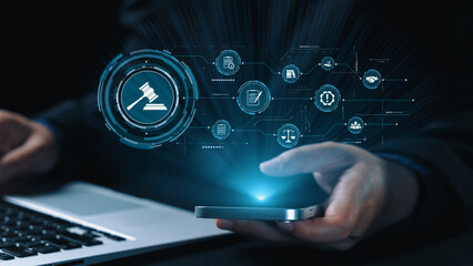 Futuristic digital law interface displaying justice scale, highlighting digital law, AI compliance, digital law systems, and digital law regulations for secure governance. Elide