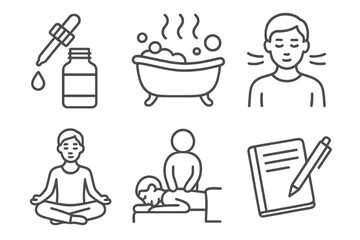 Calming Ritual Icons. Line style icons of calming rituals: bedtime oil drop, aroma bath soak, slow breathing, meditation session,