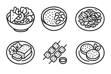 Vegan Diet Icons. Line style icons of vegan diet: high-protein vegan meals, quinoa and bean salad, seitan stir fry icon, lentil