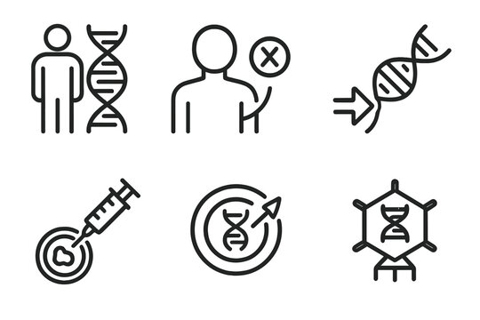 Genetic Engineering Icons. Line style icons of genetic engineering: human gene therapy, inherited disorder icon, somatic gene