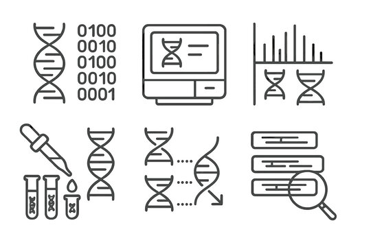 Genetic Engineering Icons. Line style icons of genetic engineering: high-throughput sequencing, next-gen sequencer icon, DNA