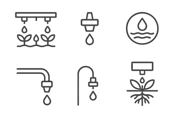 Hydroponics Line Icons. Line style icons of hydroponics: drip irrigation system, dripper icon, slow water feed symbol, tubing and