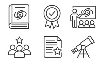Astrophysics Icons Collection. Line style icons of astrophysics: scientific journal icon, peer review badge, astrophysics
