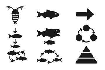 Naklejka premium Marine Food Web Icons. Solid style icons of marine food web structure: Zooplankton Figure, Small Fish Silhouette, Feeding Arrow,