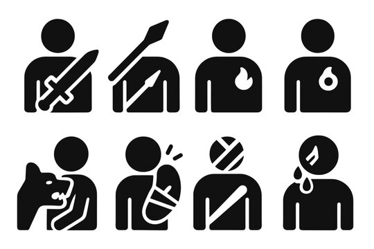 Historical Medical Icons. Solid style icons of historical medical injuries: Sword Slash, Spear Wound, Burn Mark, Boil Abscess, Dog