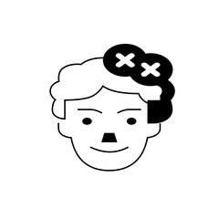 Illustration of a person with a mustache and x marks on their head in black and white minimalist style