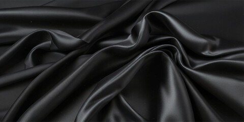 Black satin silk, elegant fabric for backgrounds, beautiful black textile cloth background. detail of wavy black silk fabric background.


