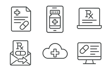 Telemedicine Line Icons. Line style icons of telemedicine: e-prescription system, digital medicine bottle, online RX form, send