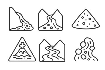 Volcanology Line Icons. Line style icons of volcanology: lahar flow, mudslide path, sediment deposit, lahar warning icon, volcanic