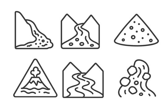 Volcanology Line Icons. Line style icons of volcanology: lahar flow, mudslide path, sediment deposit, lahar warning icon, volcanic