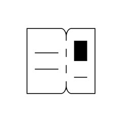 Illustration of an open book with text lines and a black square on the right page, simple and minimalist