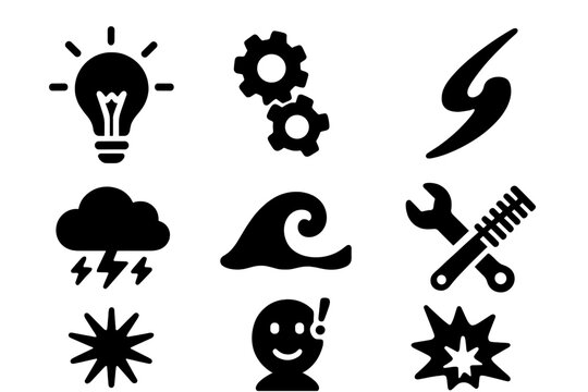 Inventive Symbol Icons. Solid style icons of invention symbolism: Lightbulb Spark, Gears Turning, Whimsical Curve, Brainstorm