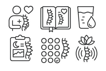 Chiropractic Care Icons. Line style icons of chiropractic care: holistic lifestyle support, spinal health journal, water intake