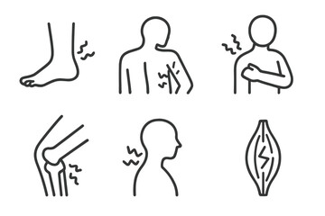 Physiotherapy Injury Icons. Line style icons of injury types treated in physiotherapy: sprained ankle, back pain, frozen shoulder,