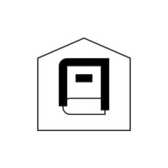 Illustration of a book inside a house shape with a black and white color scheme and simple line drawing style