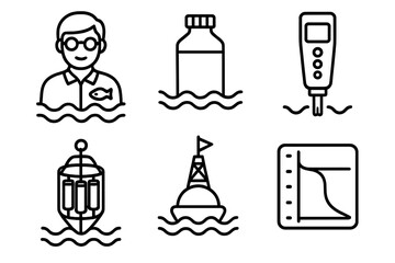 Marine Biology Icons. Line style icons of marine biology: oceanographer icon, water sampling bottle, salinity meter, CTD device,