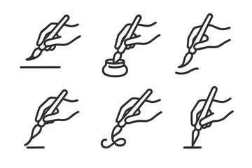 Fototapeta premium Iconic Calligraphy Poses. Line style icons of Iconic Calligraphy Poses: brush hovering, ink dipping, wrist turning, stroke