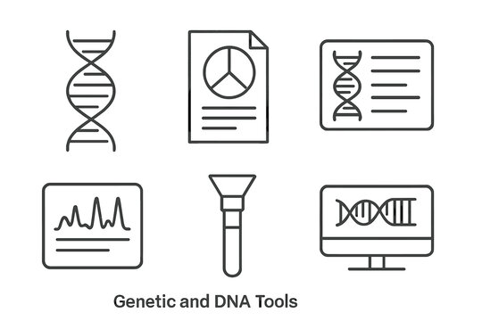 DNA Tools Line Icons. Line style icons of Genetic and DNA Tools: DNA helix icon, ancestry report chart, genotype card, SNP report