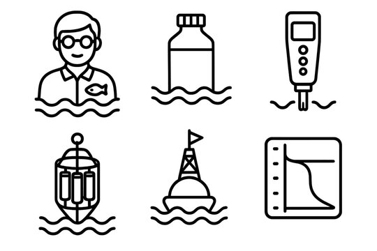 Marine Biology Icons. Line style icons of marine biology: oceanographer icon, water sampling bottle, salinity meter, CTD device,